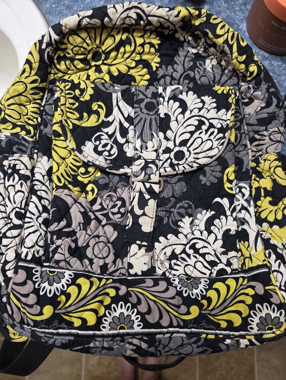 Vera Bradley Quilted Floral Backpack in Greenish Yellow, Black & Cream